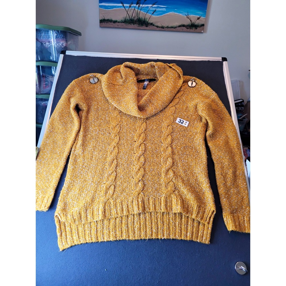 Kensie Yellow Solid Cable Knit Cowl Neck Pullover Sweater Womens M Stretch
